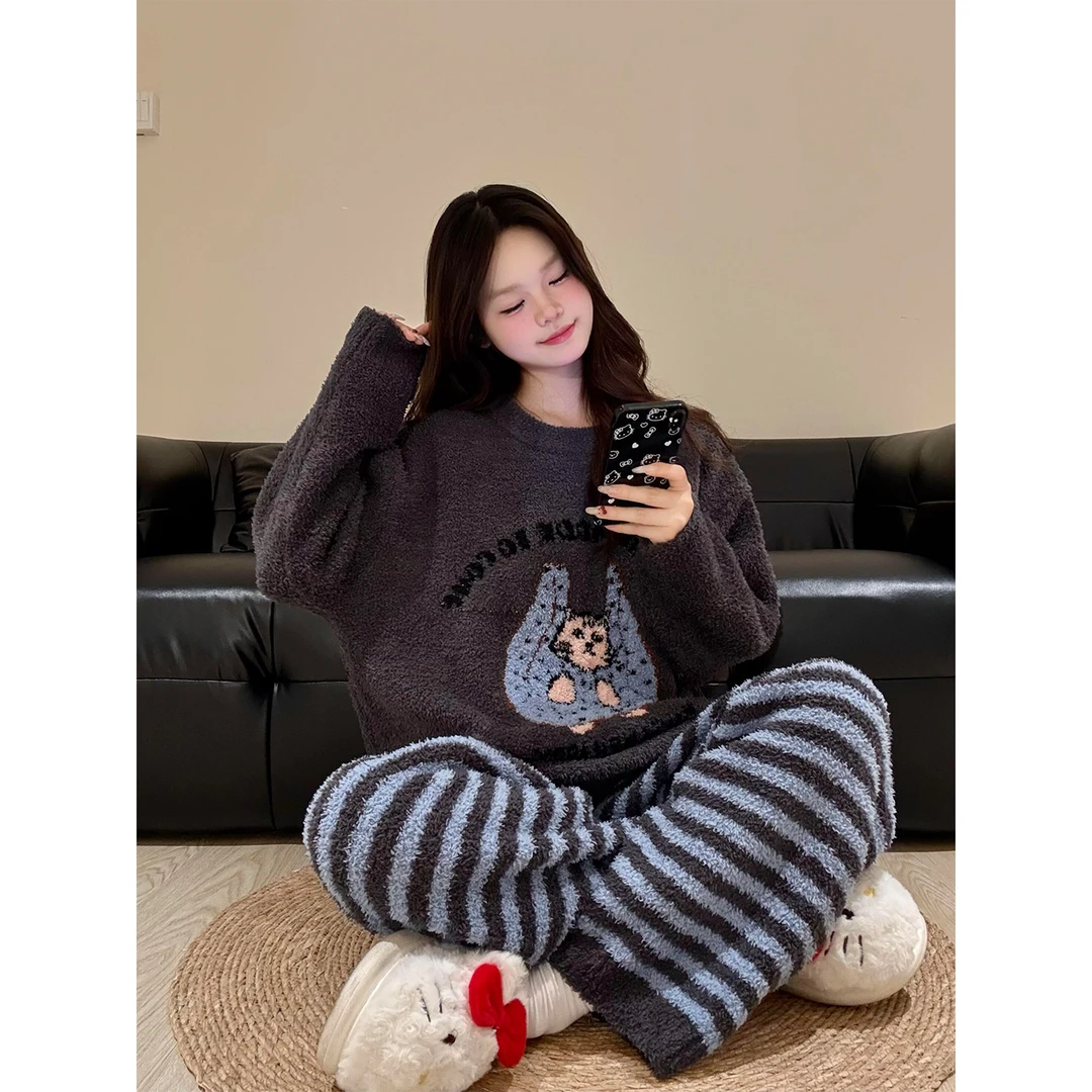 甜美可爱猫咪条纹半边绒睡衣女秋冬新款加厚保暖柔软休闲家居套装