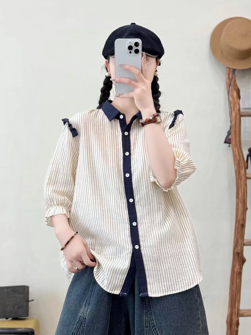 撞色小翻领正肩短袖衬衫女夏季2025新款法式上衣纯棉中袖衬衣小衫
