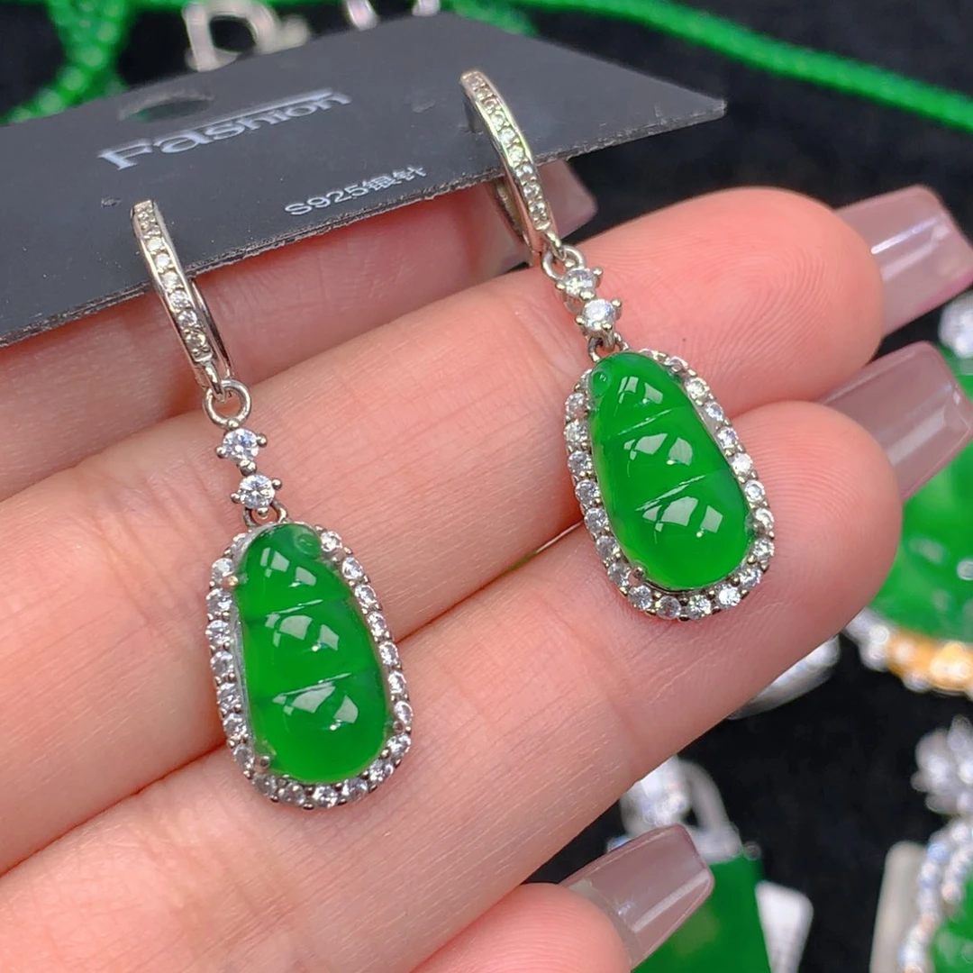 翡翠耳坠银S925镶嵌翡翠
