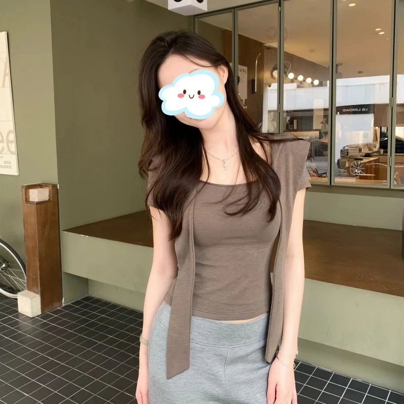 纯欲辣妹绑带方领短袖t恤女2025新款夏季独特超好看修身短款上衣