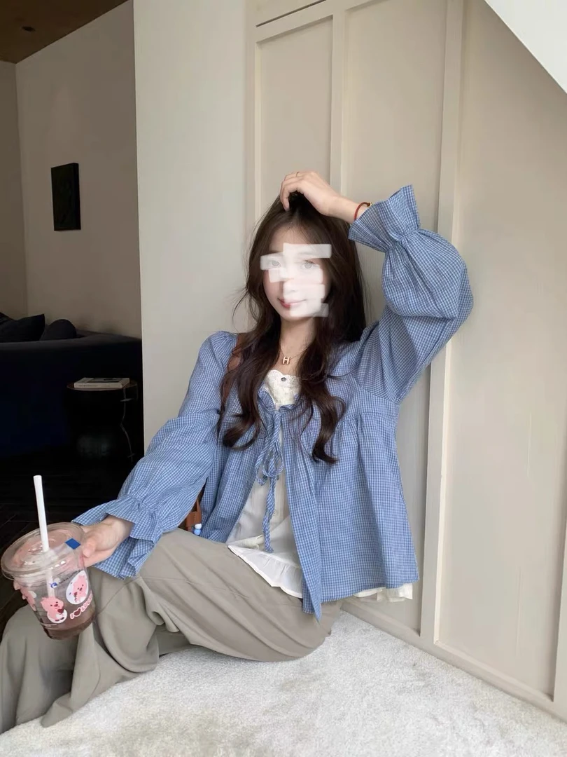 大码设计感假两件拼接蓝色格子衬衫女春季胖mm洋气遮肚子小衫上衣