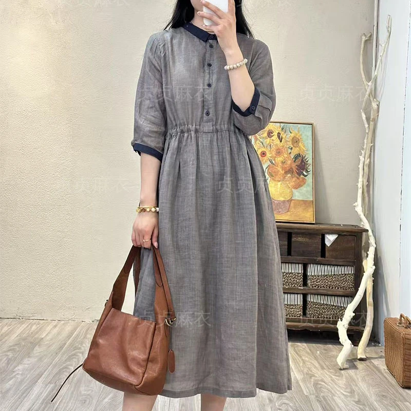 2537-夏季苎麻收腰文艺复古显瘦百搭连衣裙（含半衬）