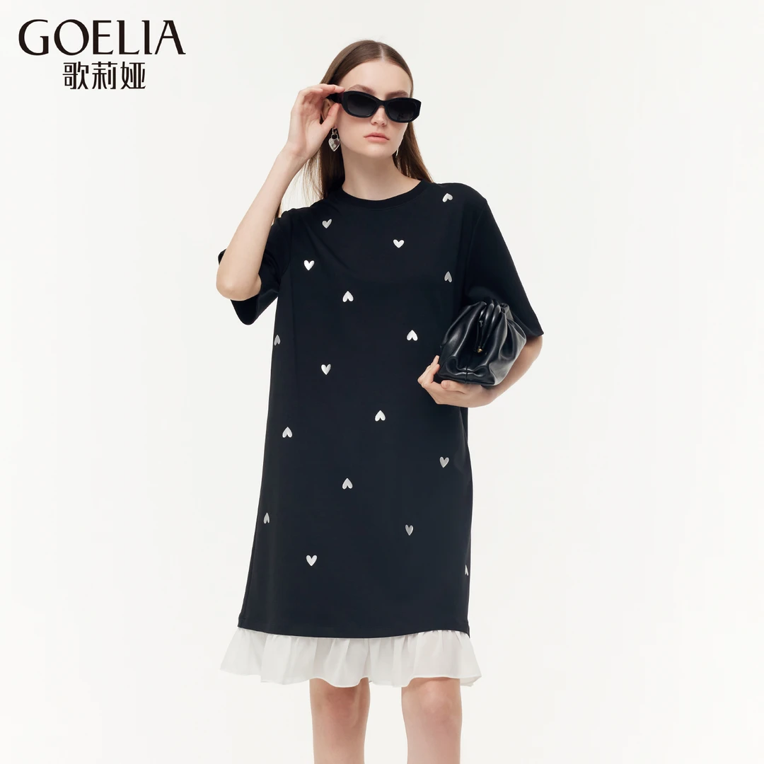 歌莉娅新品假两件针织连衣裙黑色度假宽松显瘦中长1E3J4H280