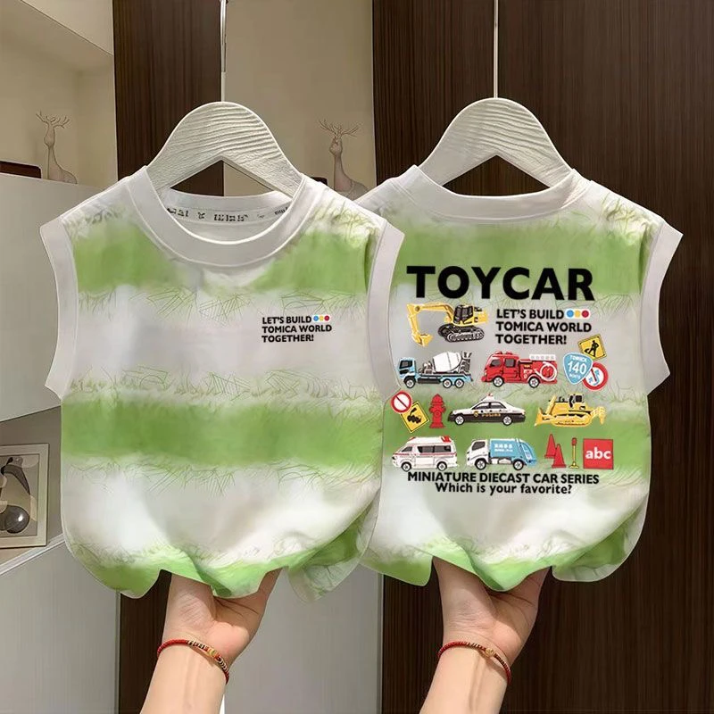 2025爆款男童卡通汽车图案背心上衣t夏季中小宝宝日系休闲无袖T恤