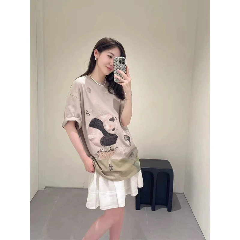 VO新款熊猫重工刺绣短袖t恤女宽松休闲设计感上衣