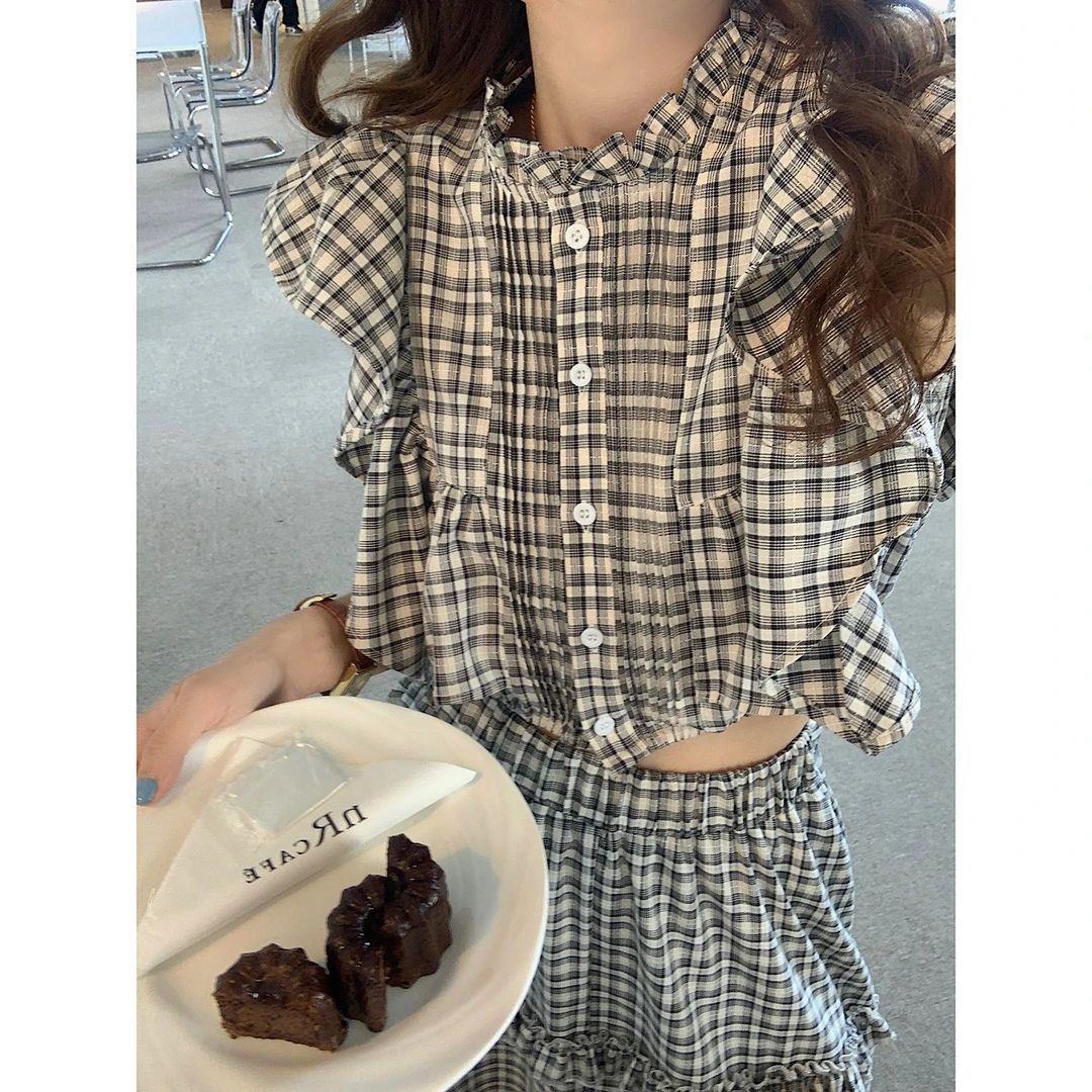 米花家【弗卡早茶】圆领设计感上衣女中长款收腰显瘦半身裙套装