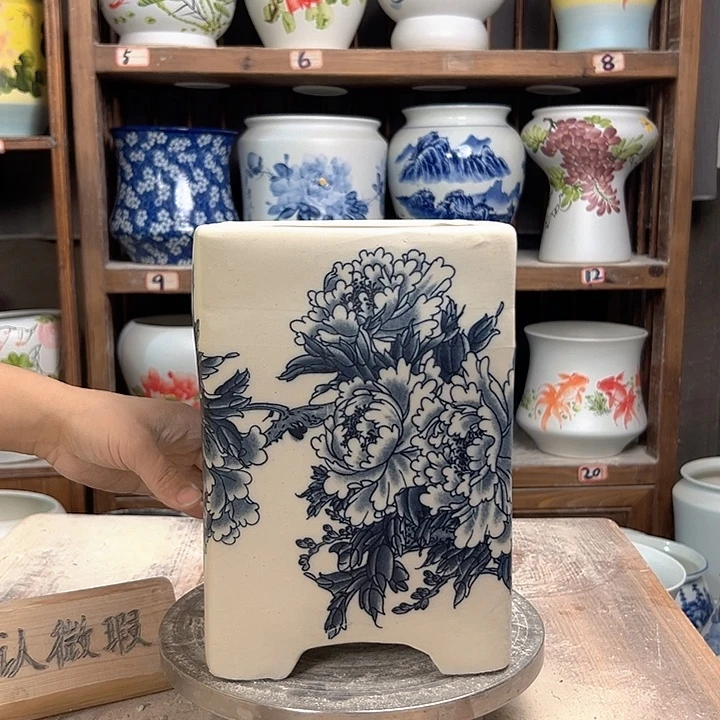 陶四方盆复古牡丹微瑕