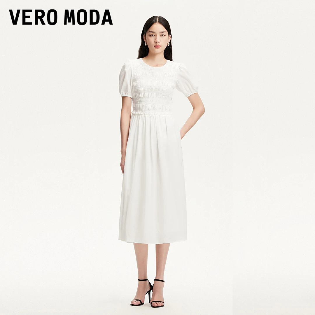 【夏日漫游】Vero Moda连衣裙圆领A字裙摆褶皱设计长裙32527B014