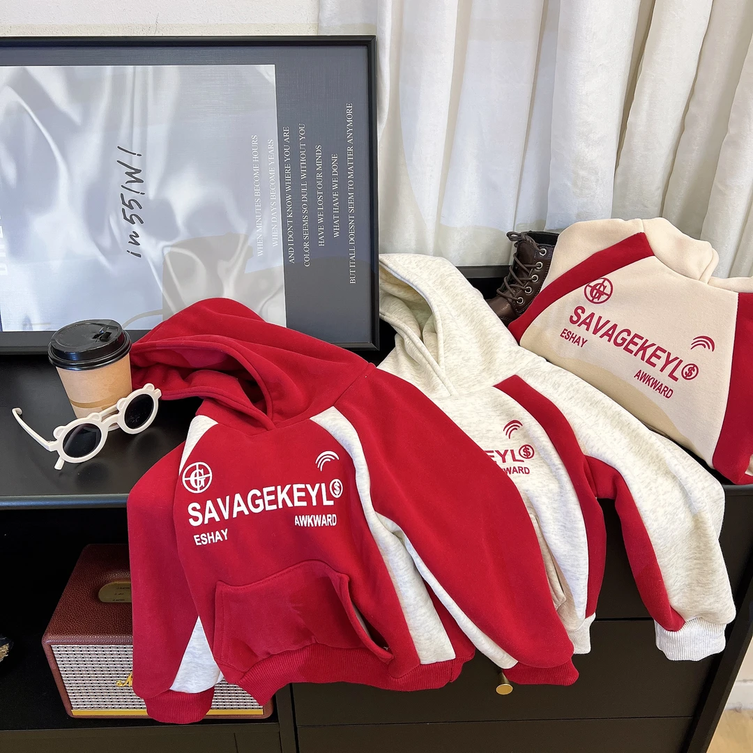 儿童连帽卫衣加绒加厚保暖冬季新款韩版中大童撞色上衣百搭休闲