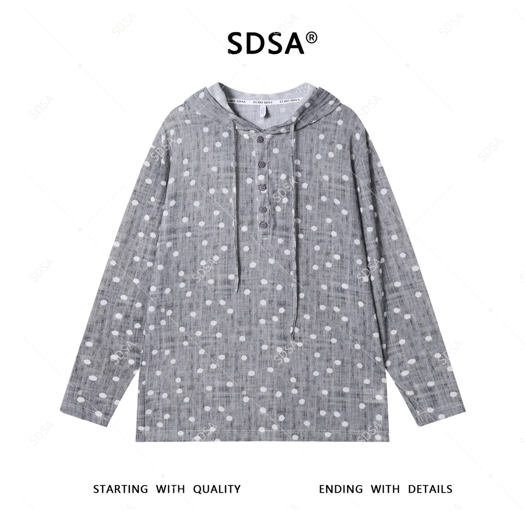 SDSA男士秋冬新款轻奢痞帅男装撞色波点印花半纽扣连帽长袖T恤潮