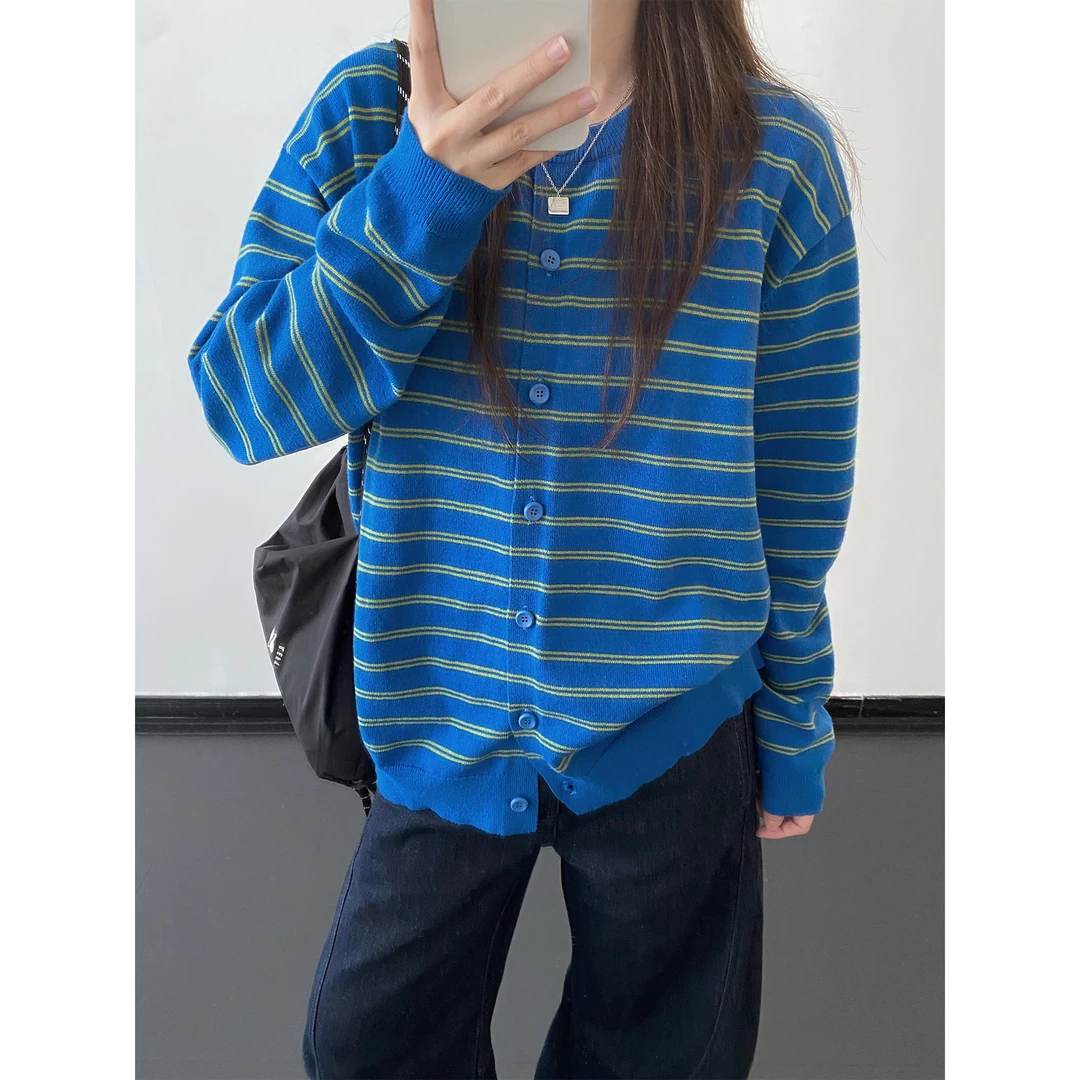 气质上衣复古圆领撞色条纹开衫简约百搭单排扣针织衫2025秋冬