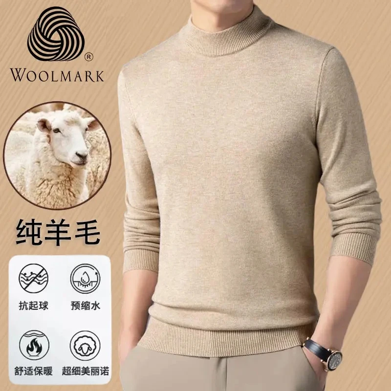 【甄选羊毛】100%纯羊毛衫男半高领加厚保暖冬季休闲毛衣针织打底