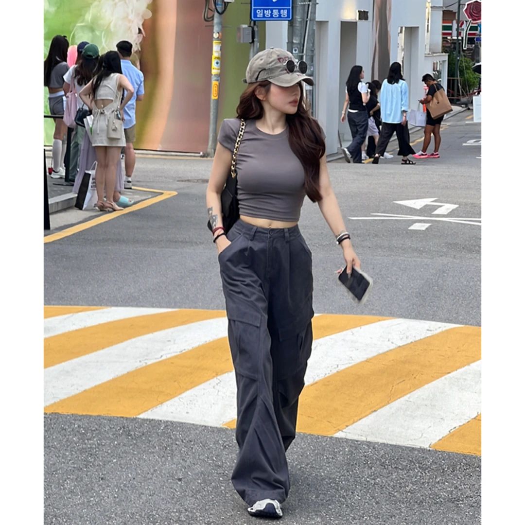 黛黛【50℃灰】百搭收腰短款圆领小上衣复古休闲宽松褶皱工装裤