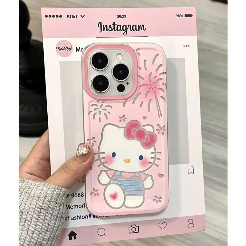 新款潮牌卡通可爱粉底凯蒂猫太空壳手机壳全包透明简约防摔粉色