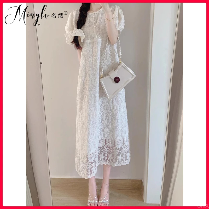 法式小香风白色精致高端蕾丝刺绣连衣裙气质收腰女夏季小个子裙子