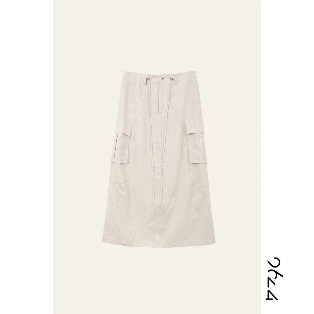 【粗茶】100法国单雨露亚麻老钱极简工装女松紧腰+抽绳半身裙91057