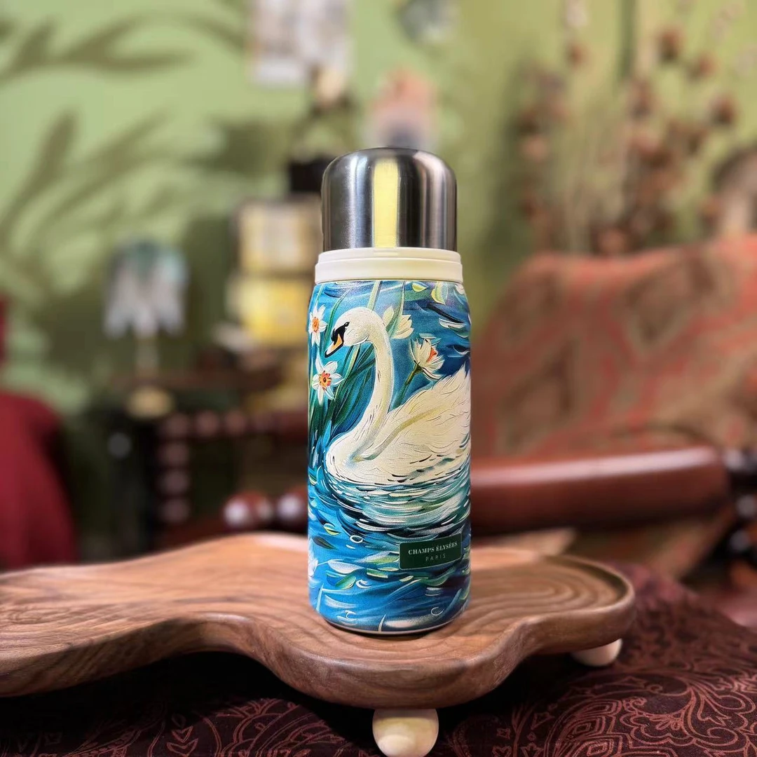 天鹅孔雀油画风插画艺术彩绘保温杯600ml设计款创意新款