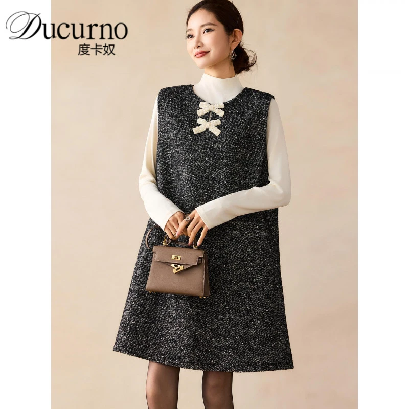 时尚钉珠两件套连衣裙女2025年冬季新款气质显瘦中长裙大码女装