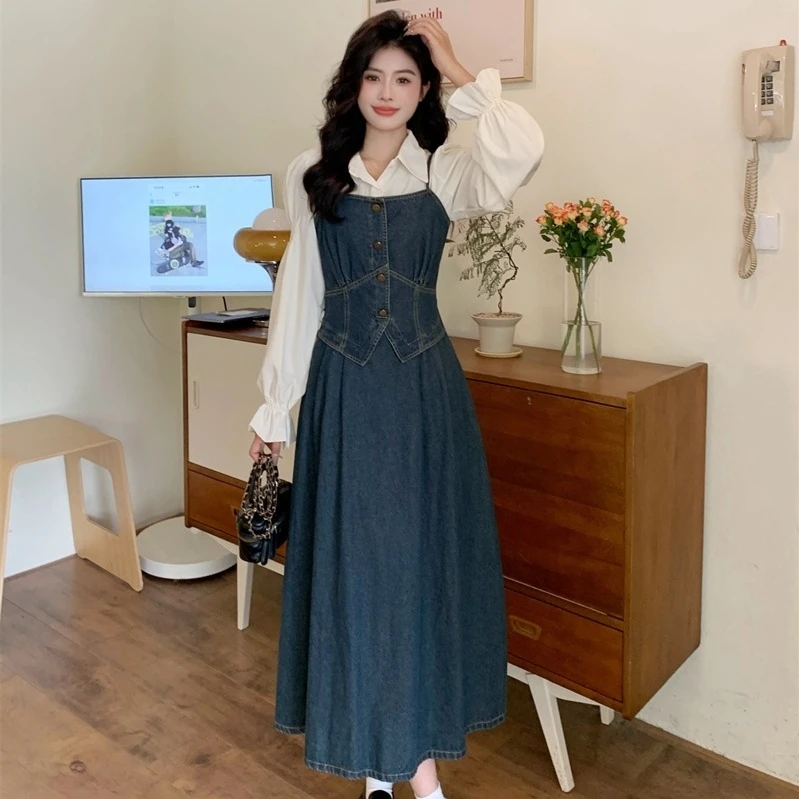 2025新春大码显瘦衬衫+法式收腰牛仔吊带连衣裙