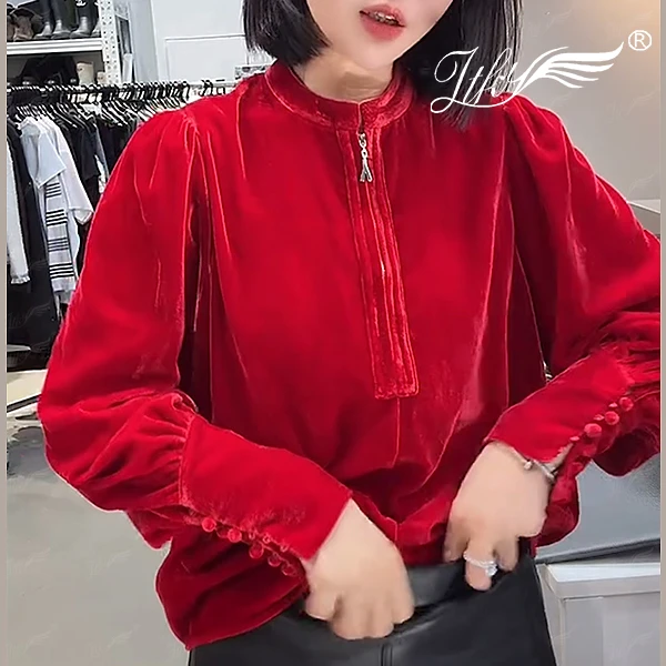 ZTKY欧洲站立领红色丝绒长袖衬衫女新款半拉链显瘦衬衣设计感上衣