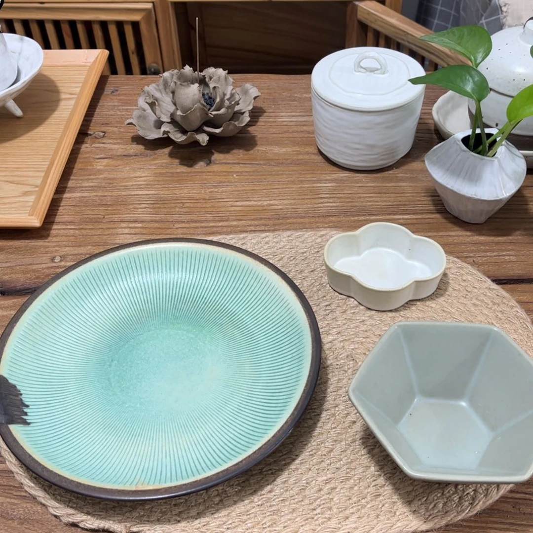 陶绿色系餐具组合3件套