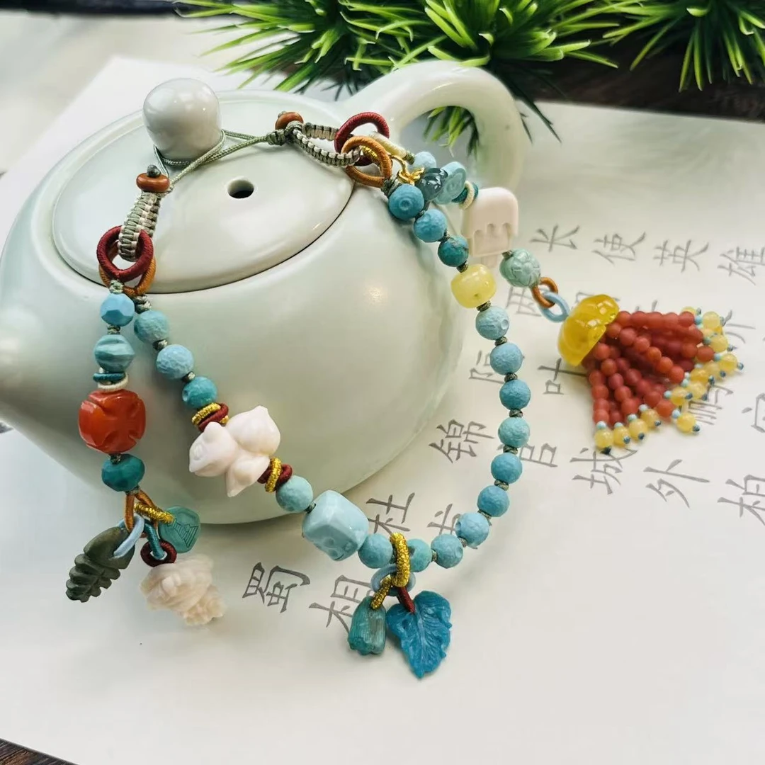 【桦雅】星球珠双挂-绿松石925银多宝手机链-时尚设计-A2836