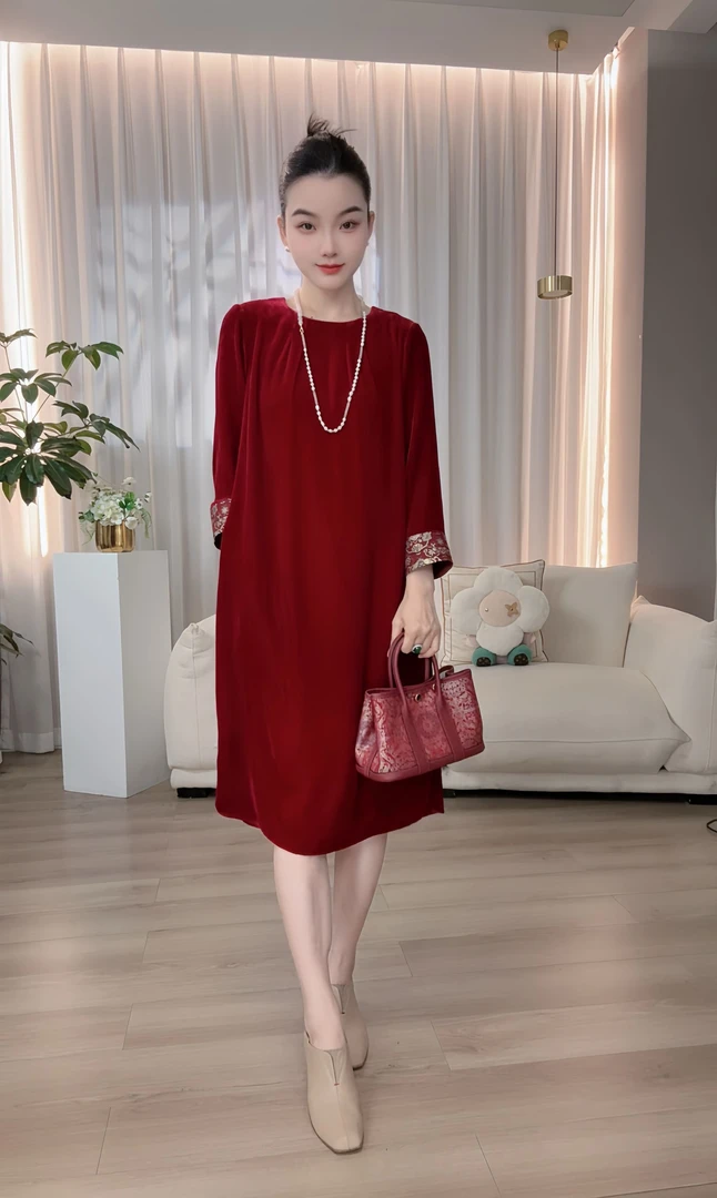锦钰 【红绒漫舞】100真丝丝绒加袖口非遗宋锦拼接高级感连衣裙