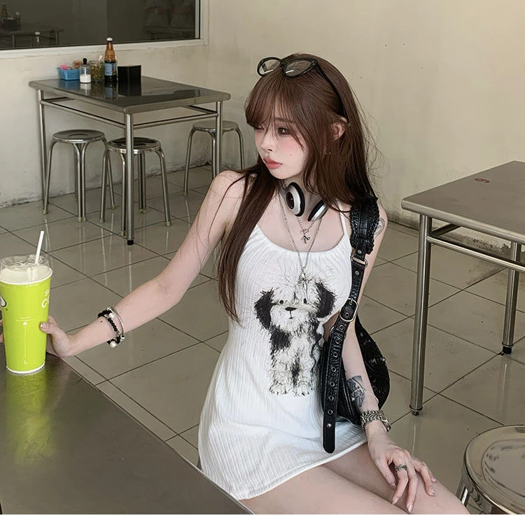 多巴胺性感纯欲辣妹挂脖露背吊带裙小狗印花绑带针织收腰包臀短裙