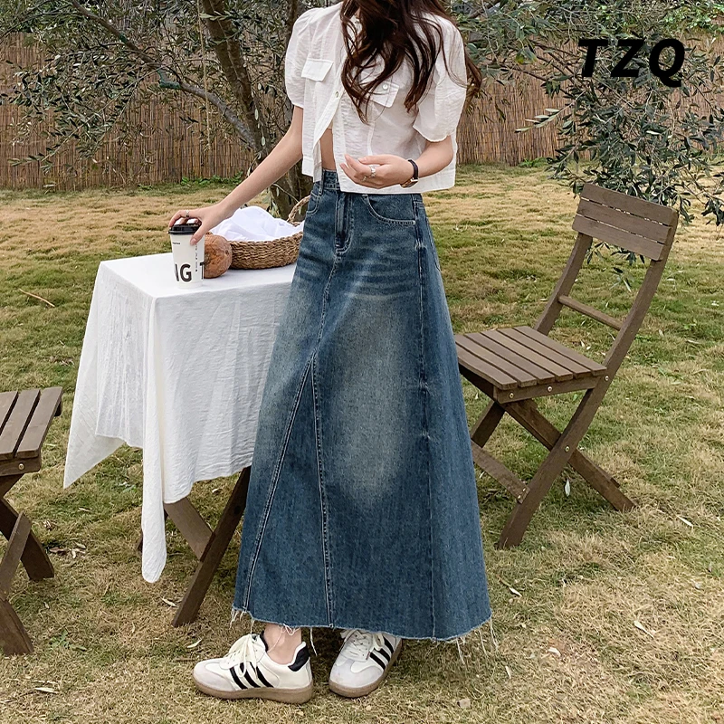 怀旧蓝复古毛边牛仔半身裙女夏季高腰显瘦后开叉A字裙TZQ2511736