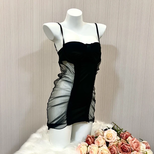 【睡裙】修身包臀网纱睡裙性感知性黑色复古气质显瘦