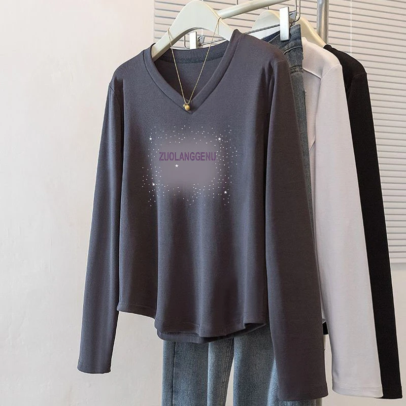 100%纯棉V领不规则下摆秋冬新款T恤女士印花简约胖mm休闲薄款上衣