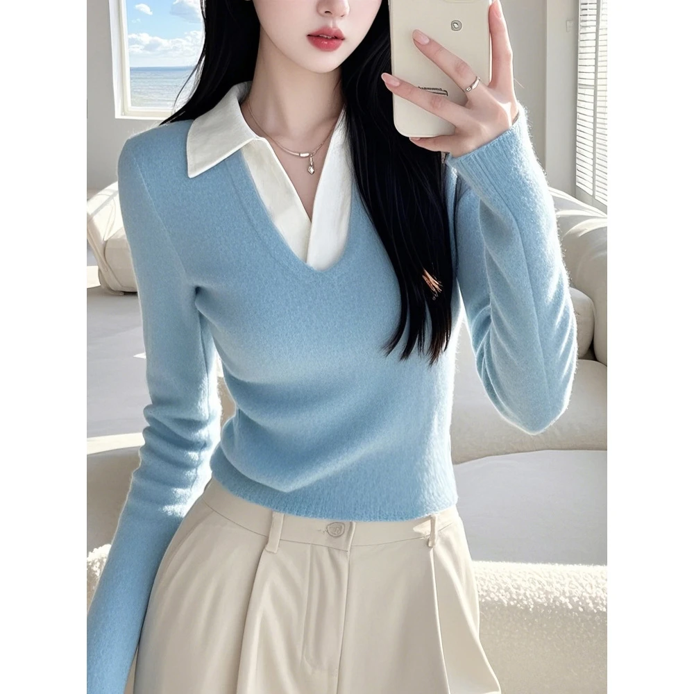秋冬独特别致假两件polo领针织打底衫女设计感超好看长袖上衣