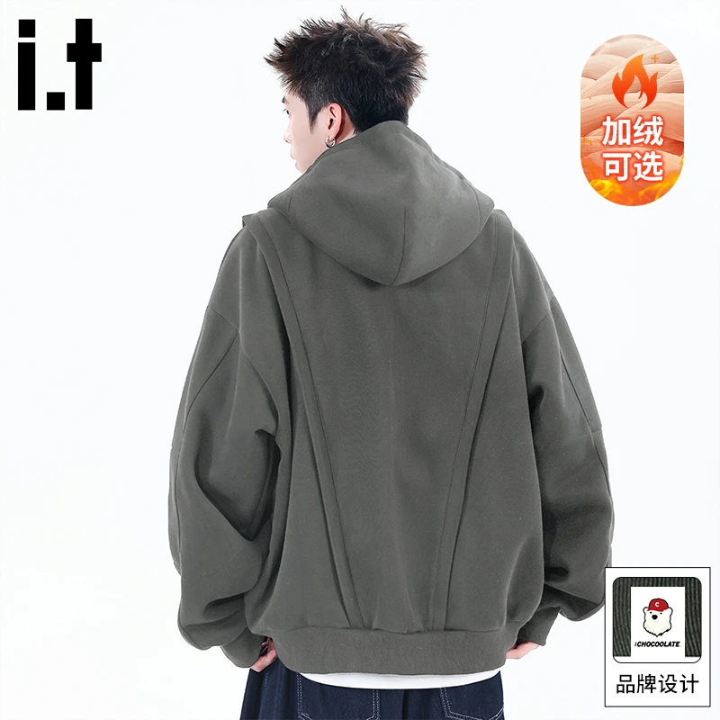 it :CHOCOOLATE男潮牌解构开衫卫衣秋冬加绒连帽大码酷飒休闲外套