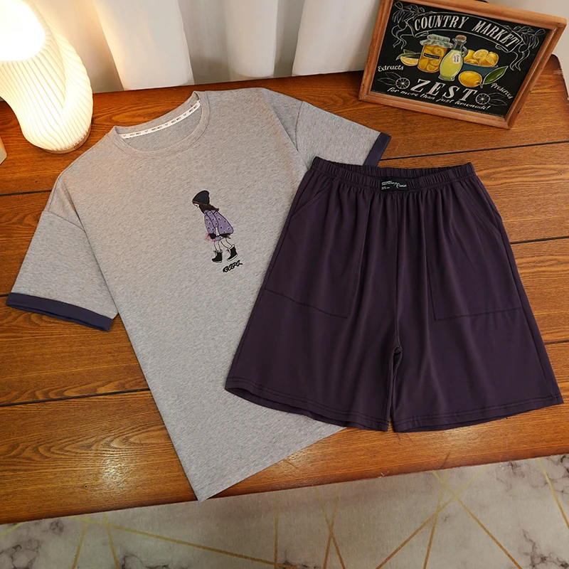 睡衣女夏季韩版灰色女孩简约时尚短袖短裤可外穿家居服两件套-506