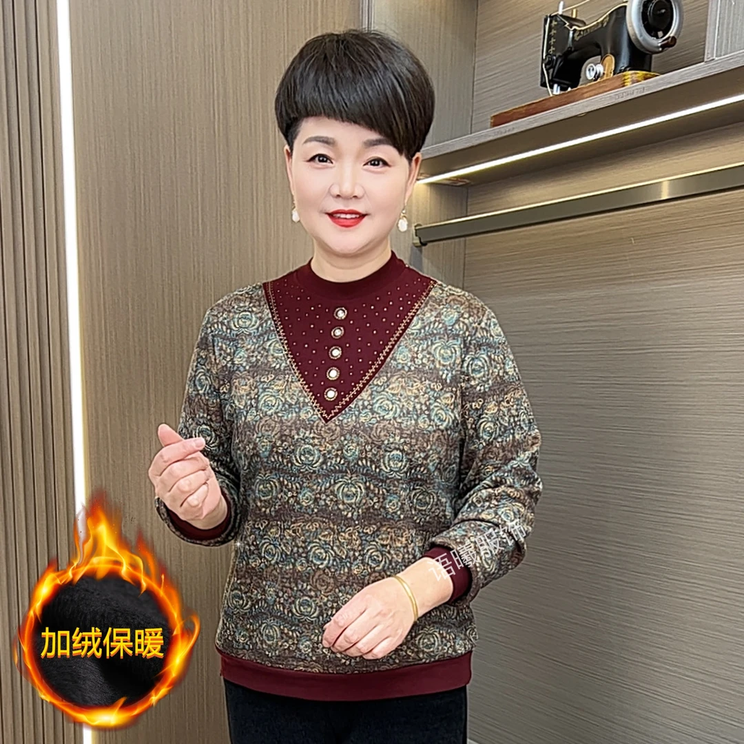 圆领印花休闲风长袖中老年女装保暖洋气妈妈装假两件打底衫F6657