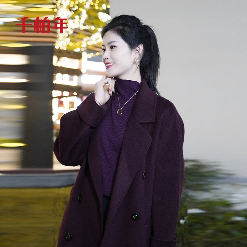 千柏年【蓝血贵族】冬季新款超级显瘦时尚百搭双面尼大衣-C1560