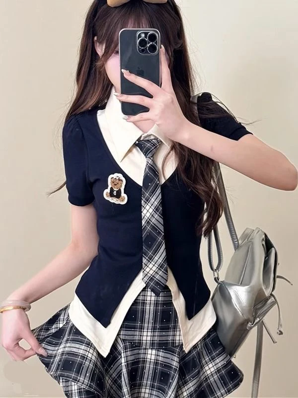 女新款三件套学院风穿搭假两件上衣高腰荷叶边裙裤甜美辣妹套装夏