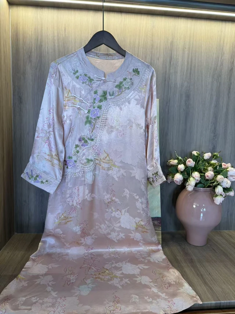 水如画【桃花溪】重工系列秋季中式国风圆领气质减龄绣花长袖连衣裙