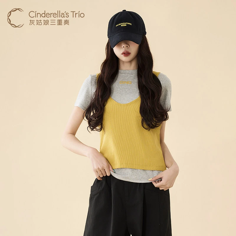 灰姑娘三重奏C·夏季新款时尚显瘦蓝 黄两件套短袖T恤H252119394