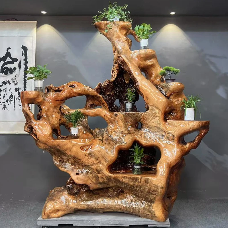 原木根雕花架天然树根盆景架实木天然花架子香樟木落地置物架阳台