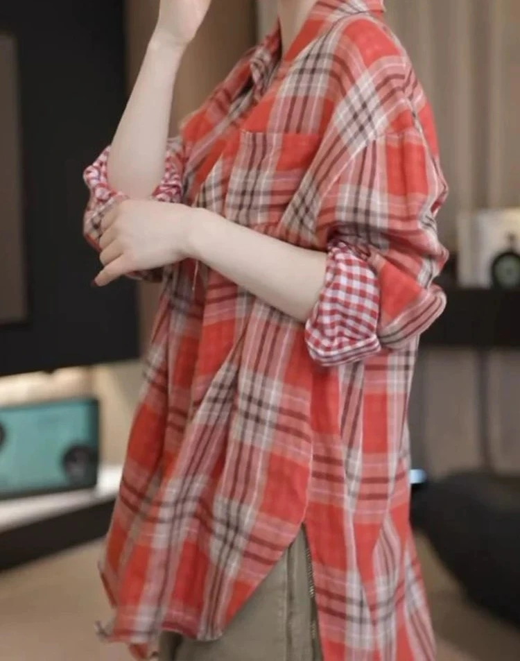 夏季新款复古格子双层棉纱舒适百搭洋气衬衫休闲宽松韩版衬衫