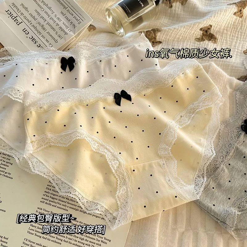 法式纯棉内裤女蕾丝花边7A抗菌全棉底裆中腰少女舒适透气三角裤薄