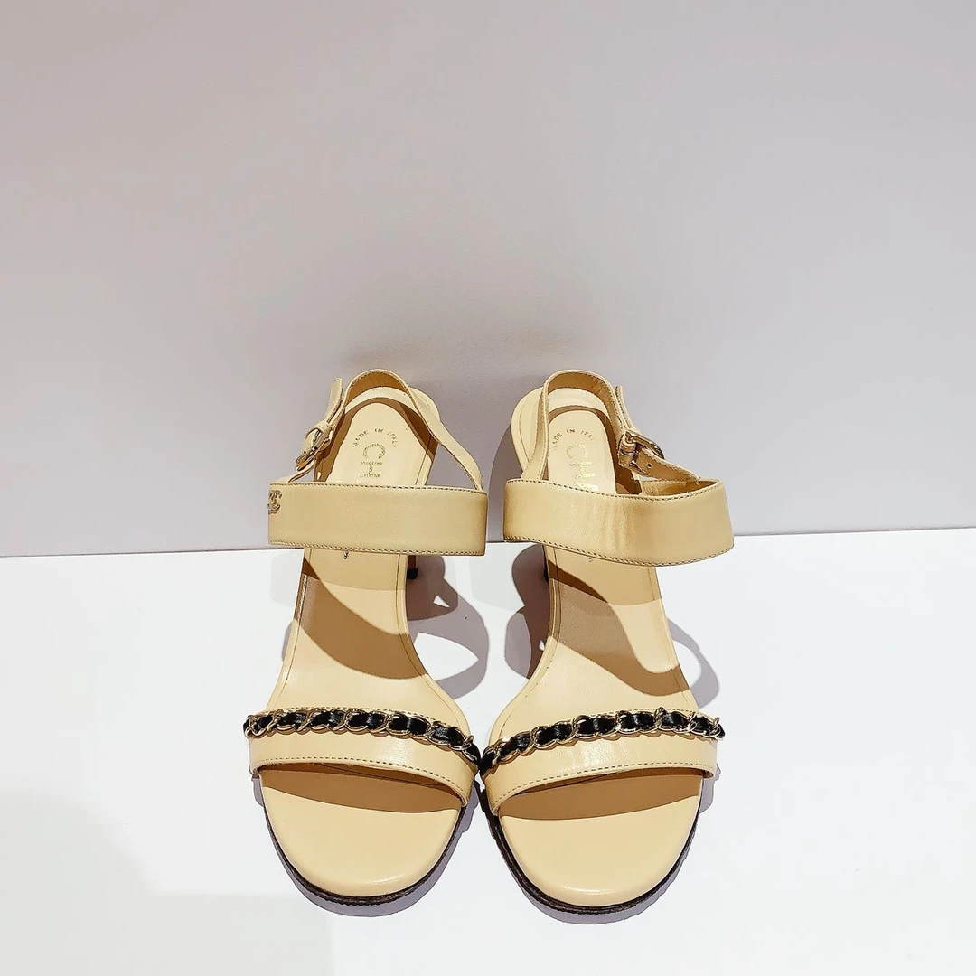 95新 Chanel/香奈儿 裸色链条高跟凉鞋 36码