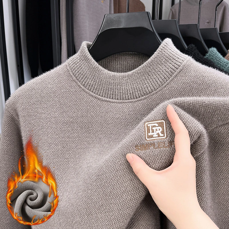 加绒加厚雪尼尔毛衣男时尚冬季新款半高领轻奢刺绣针织百搭男款