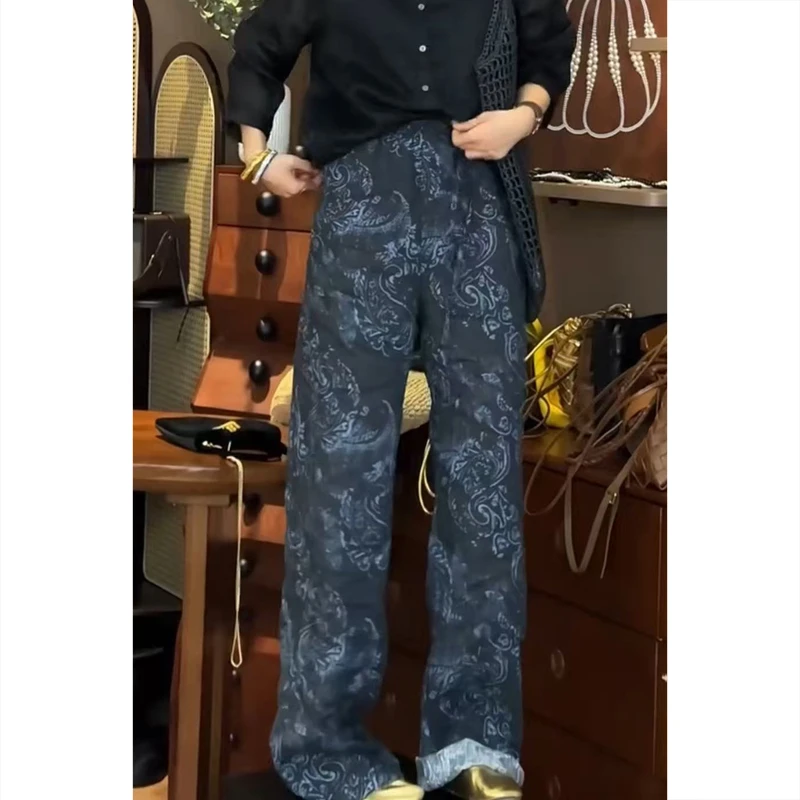 时尚印花复古薄款休闲裤子女夏季新款梨型身材显瘦直筒阔腿裤