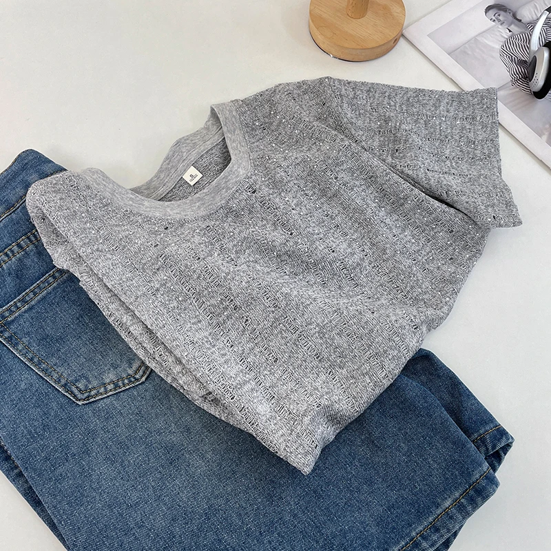 高级感圆领镂空细闪短袖T恤女夏季时尚休闲百搭正肩显瘦潮流上衣