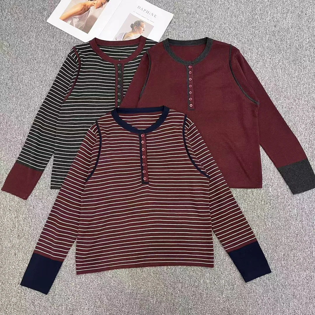 【周周家】5035濮院春季羊毛蚕丝假开衫圆领套头毛衣条纹百搭休闲衣