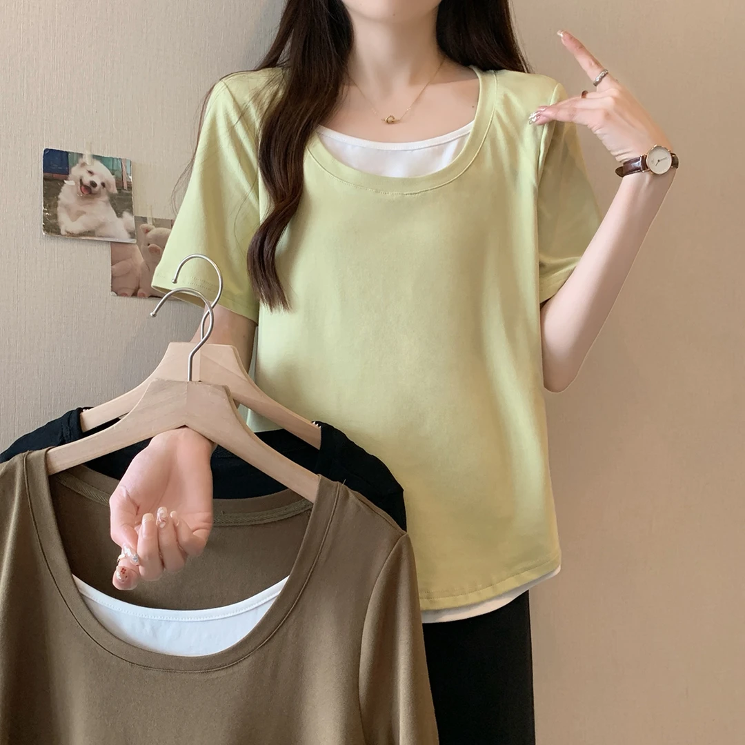 清63129胖mm2025夏季韩版洋气假两件短袖T恤大码女装遮肚显瘦上衣
