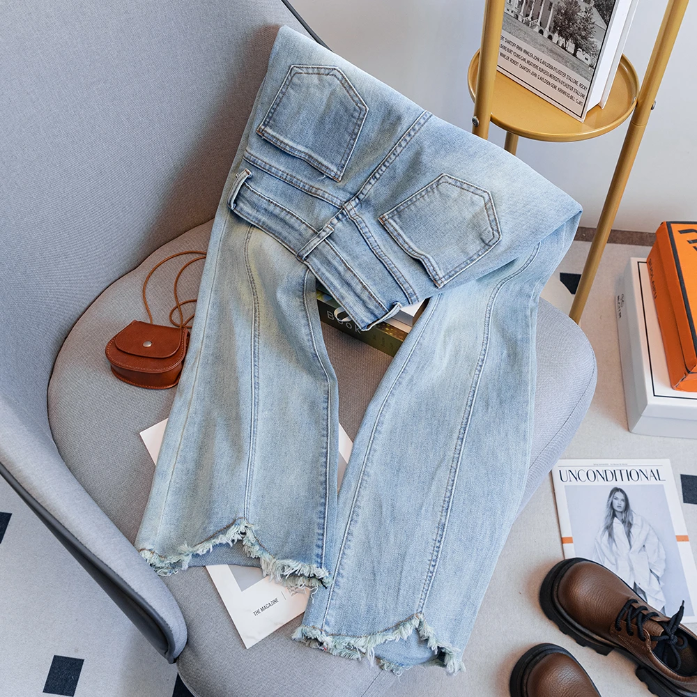 988浅蓝色毛边微喇牛仔裤女2025春季新款高腰显瘦弹力喇叭马蹄裤