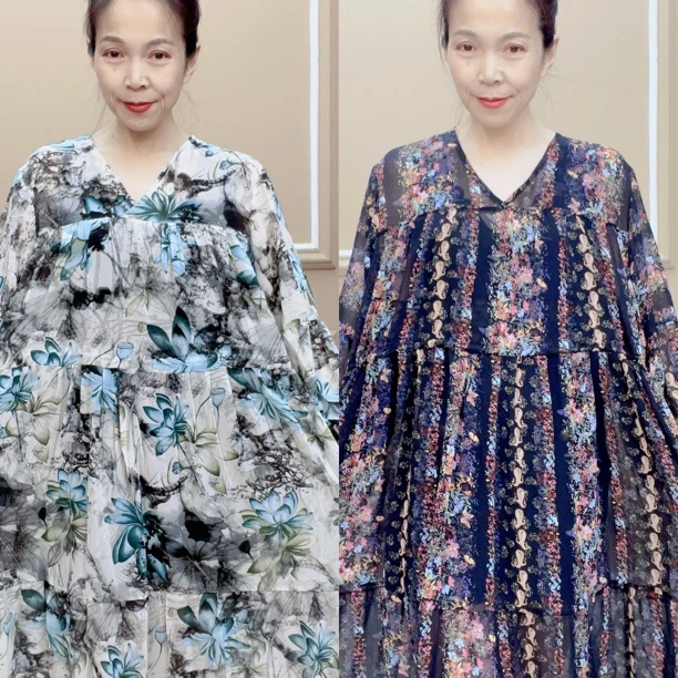 时尚碎花长袖收腰中长款女士连衣裙气质显瘦适合沙滩度假